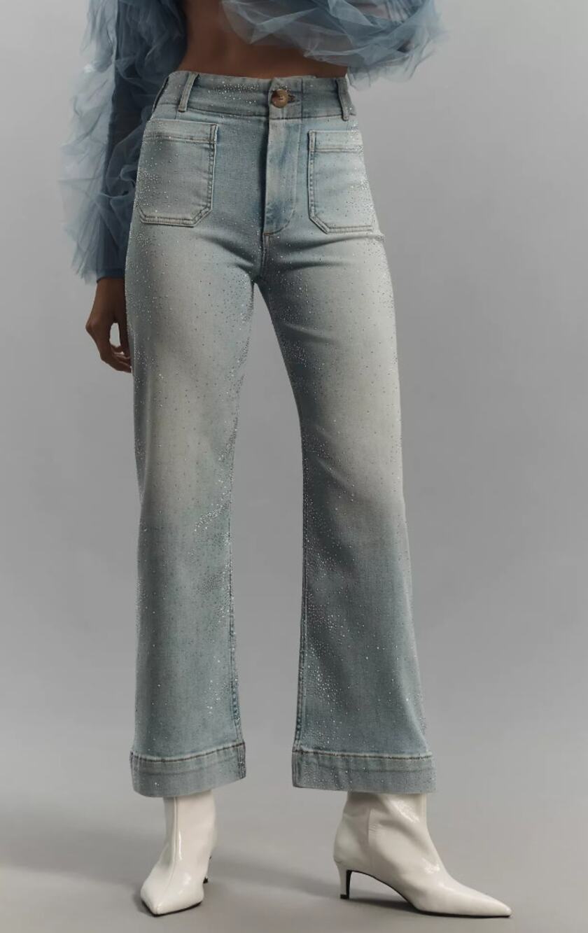 NWOT Maeve Colette Rhinestone High-Rise Wide-Leg Cropped Jeans